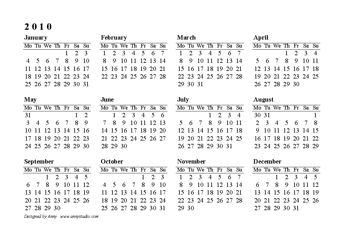 2010 Calendar Pdf Holidays