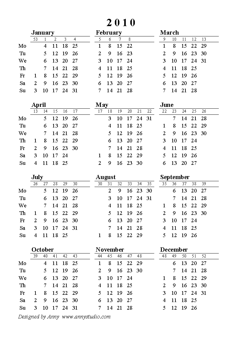 2010 Calendars with Week Numbers