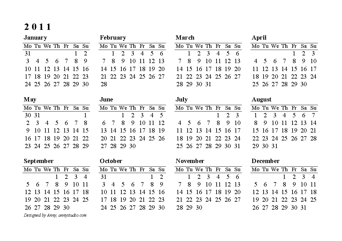 Yearly Calendar 2011 Free
