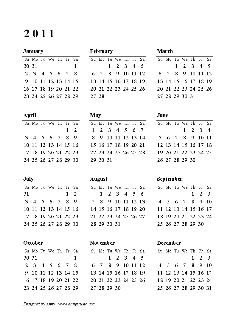 Yearly Calendar 2011 Free