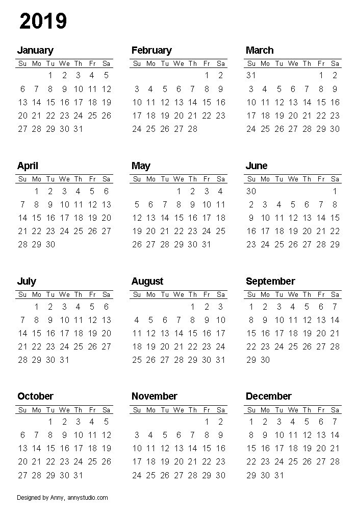 Mini Calendar 2019 Printable