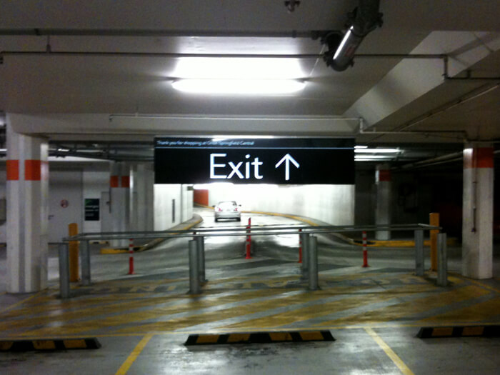 Exit straight ahead, but you have to jump the fence first. Underground car park, Orion shopping centre, Springfield, Qld.
