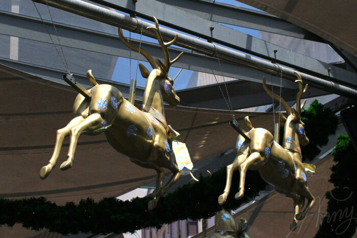 Rundle Mall Christmas decorations: reindeers with steel rods in their ass.