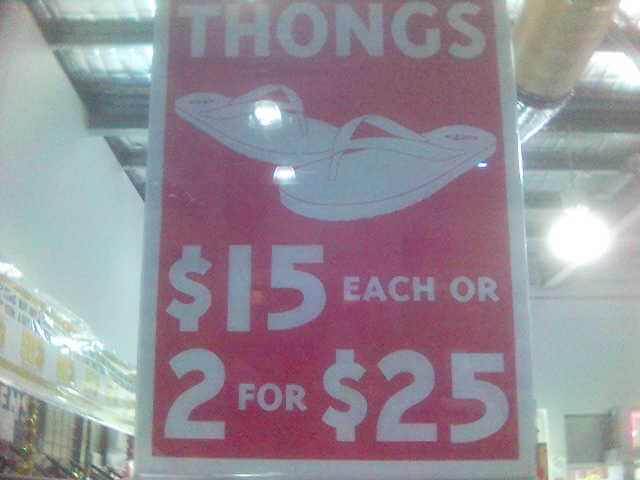 Thongs 2 for $25 offer. Department store, Australia.