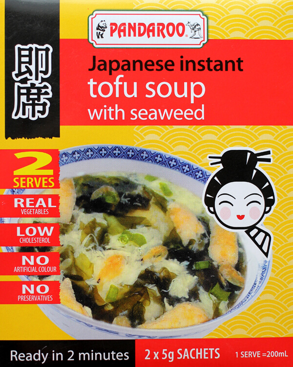 Pandaroo instant tofu soup packaging with real visible ingredients.