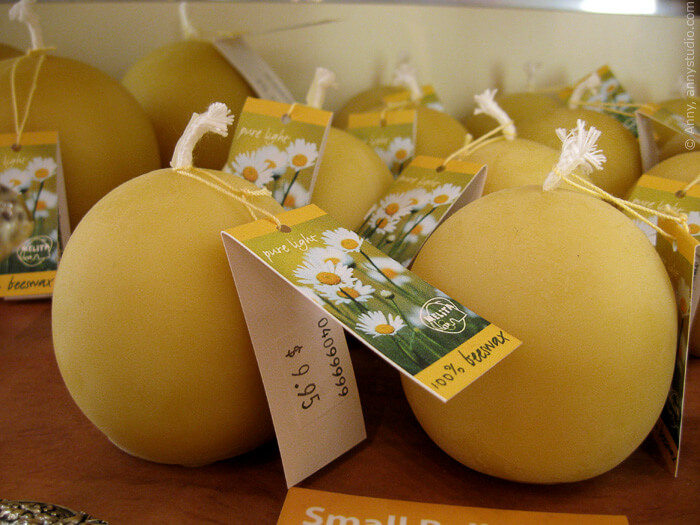 Pure beeswax spherical candles.