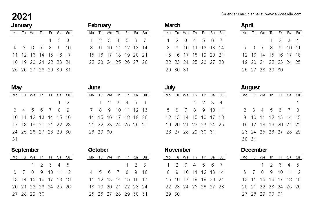 2021 Yearly Calendar Printable One Page
