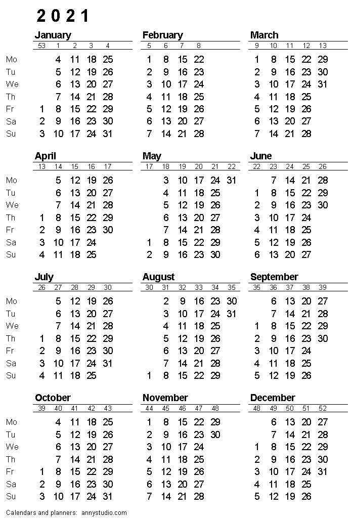 2021 calendar with week number