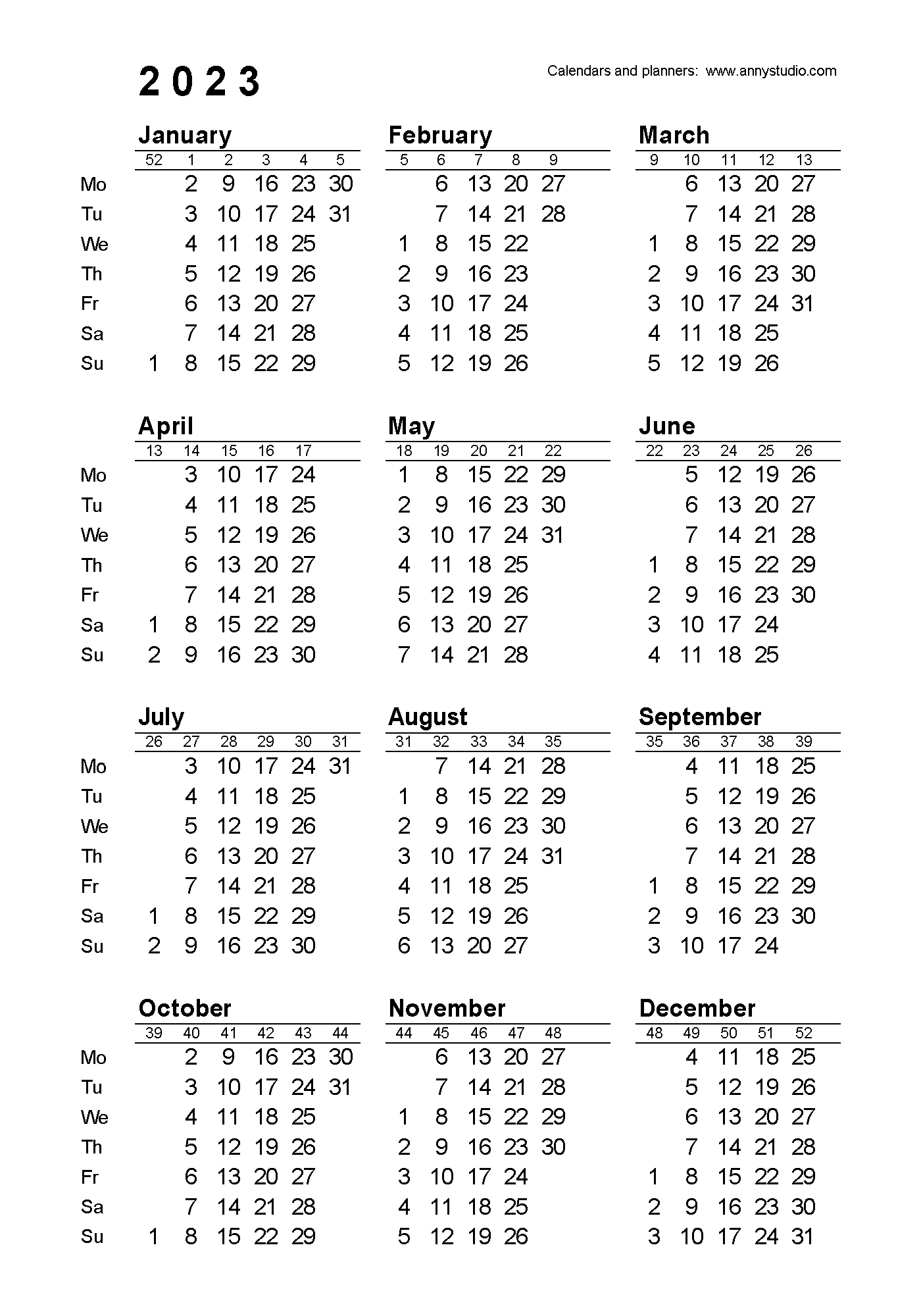 2023 Calendar With Week Numbers Printable Free