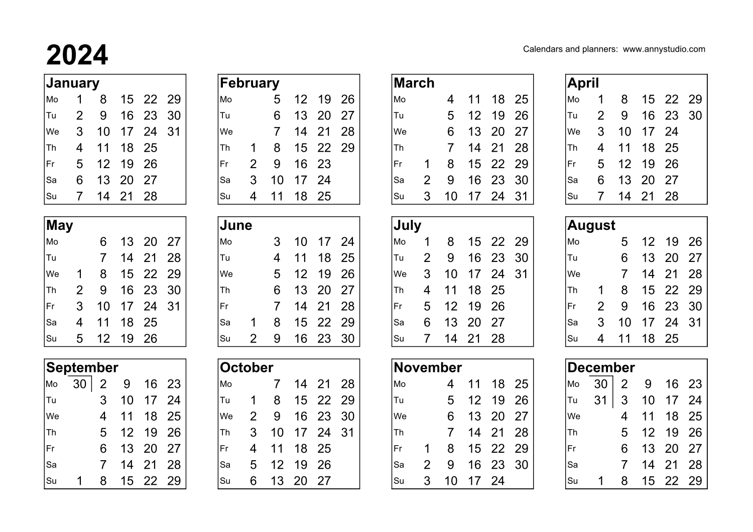 2024 Calendar With Week Numbers Starting Monday And Tuesday Printable
