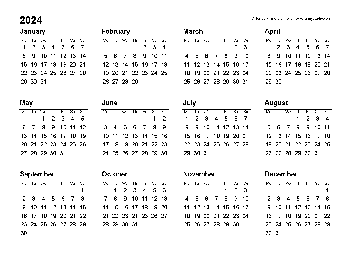 Printable Yearly Calendar 2024 Calendar 2024 All Holidays