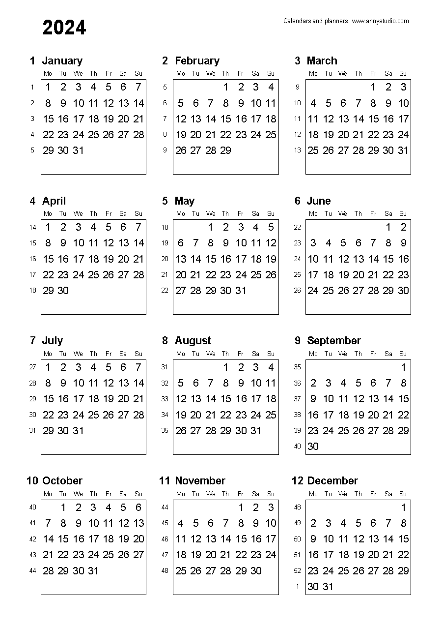 Printable 2024 Calendar With Week Numbers Starting Monday Casey Cynthea