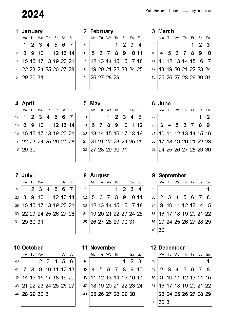  2024 Calendar With Week Numbers 