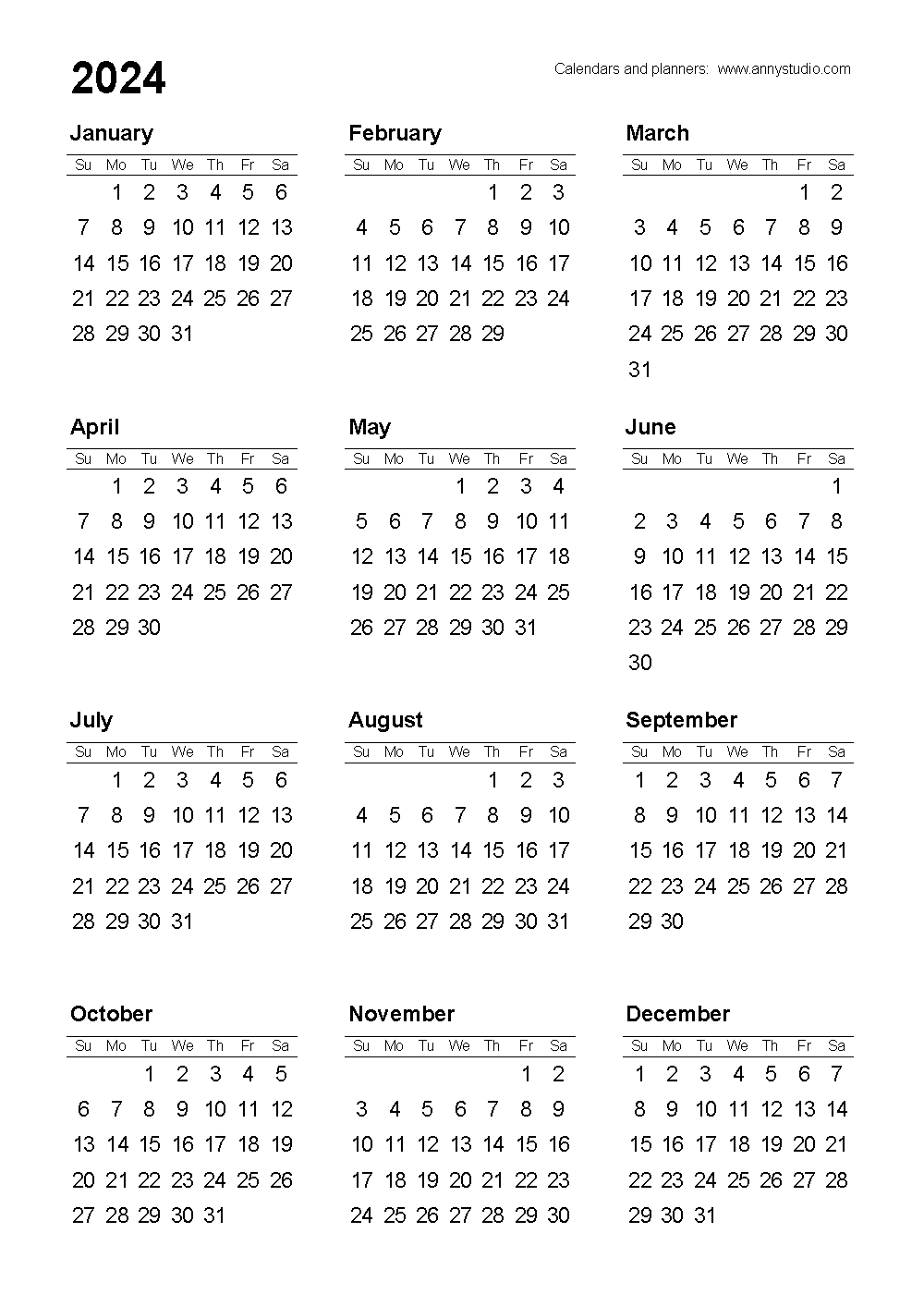 Printable calendar 2024, portrait paper orientation, weeks are in rows and start on Sunday 