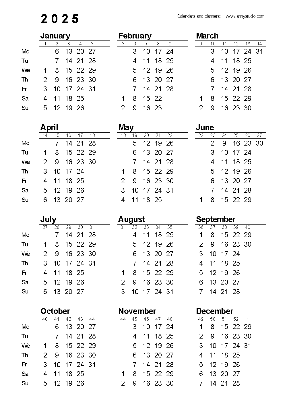 2025 Calendar With Week Numbers