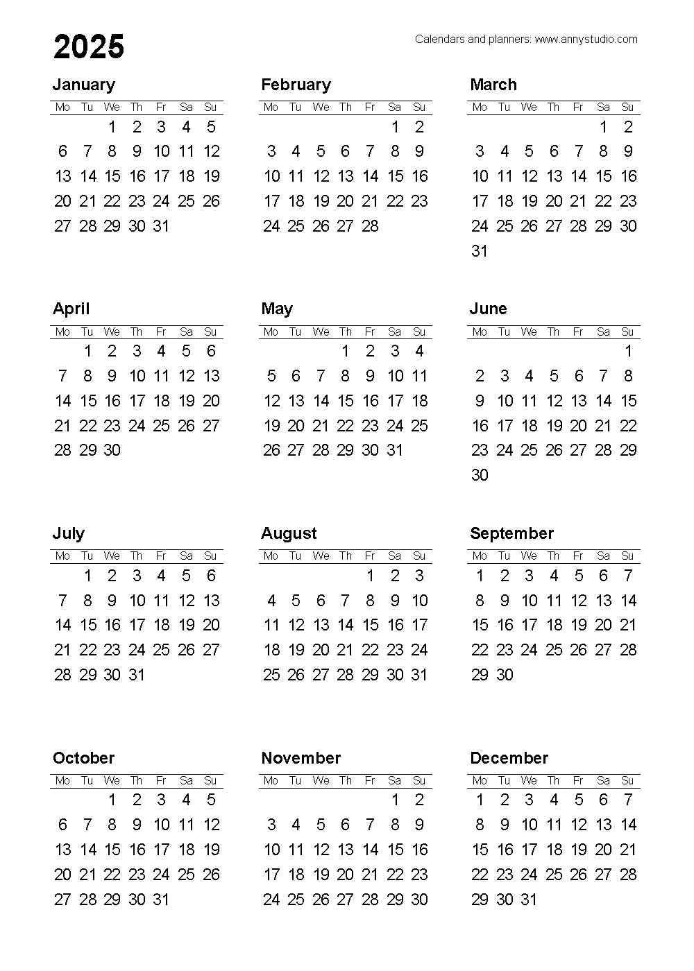 Free printable calendars and planners 2025, 2026 and 2027