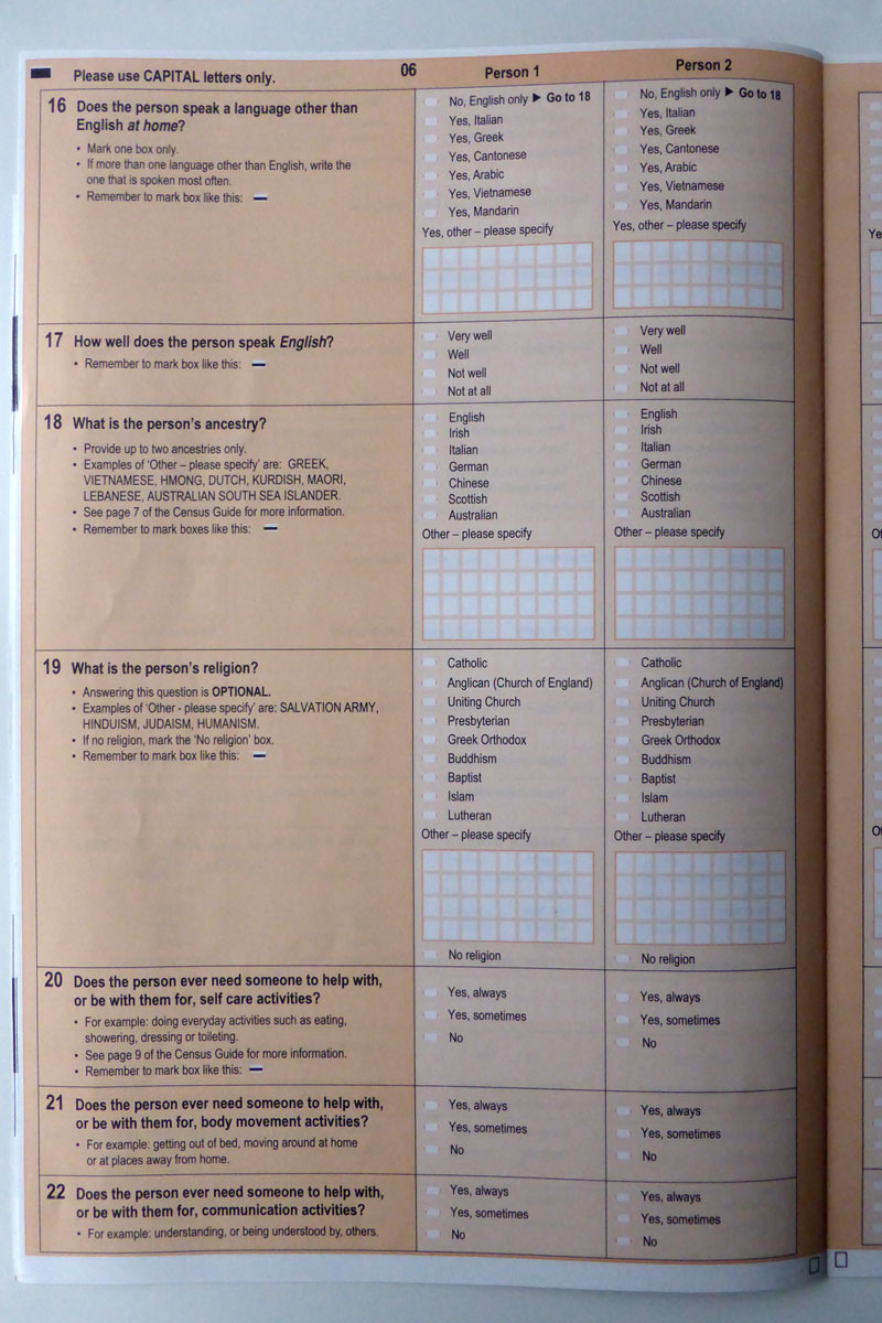 Australian 2011 Census form with obscured 'no religion' answer