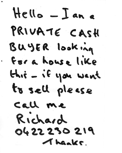 A false hand-written note from a real estate agent pretending to be a private buyer.