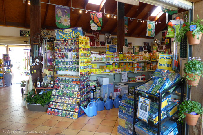 Nursery shop: seeds, books, fertilisers, ornaments and more.